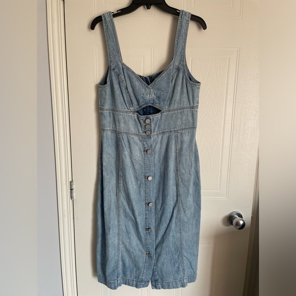 Rebecca Taylor Blue Denim Button Front Dress XL 90s Revival Cutout Waist Midi - Picture 2 of 14
